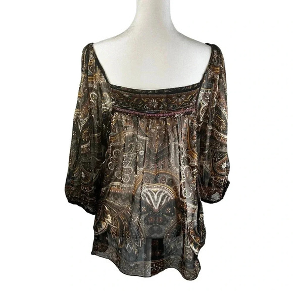 LOLA P. Sheer Blouse 3/4 sleeve square neck sheer boho - Size Small - Picture 2 of 6